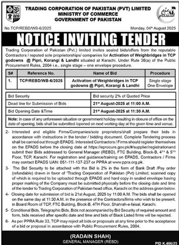 Trading Corporation of Pakistan Private Limited Tender Notice